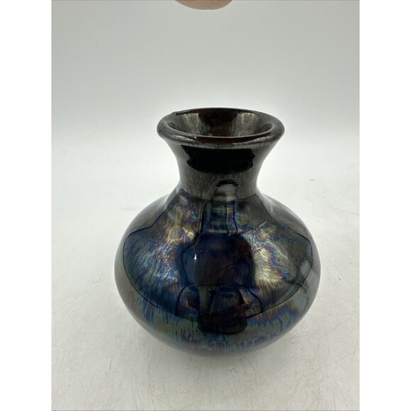 Small Bud Vase Art Pottery Metallic Blues Glazed Handmade 3.25” - Picture 2 of 16
